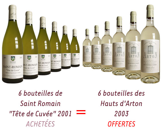 6 bouteilles de Saint Romain ''Tête de cuvée'' blanc 2001 achetées = 6 bouteilles des Hauts d'Arton blanc 2003 OFFERTES !