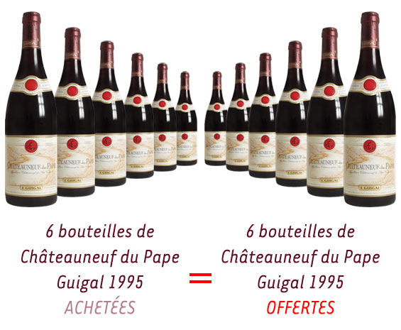 6 bouteilles de Châteauneuf du Pape Guigal rouge 1995 achetées = 6 bouteilles du même vin OFFERTES !
